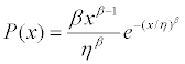 Probability density of the Weibull distribution.