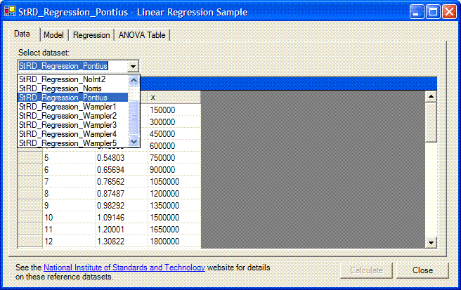 Choosing a dataset in the Regress sample application.